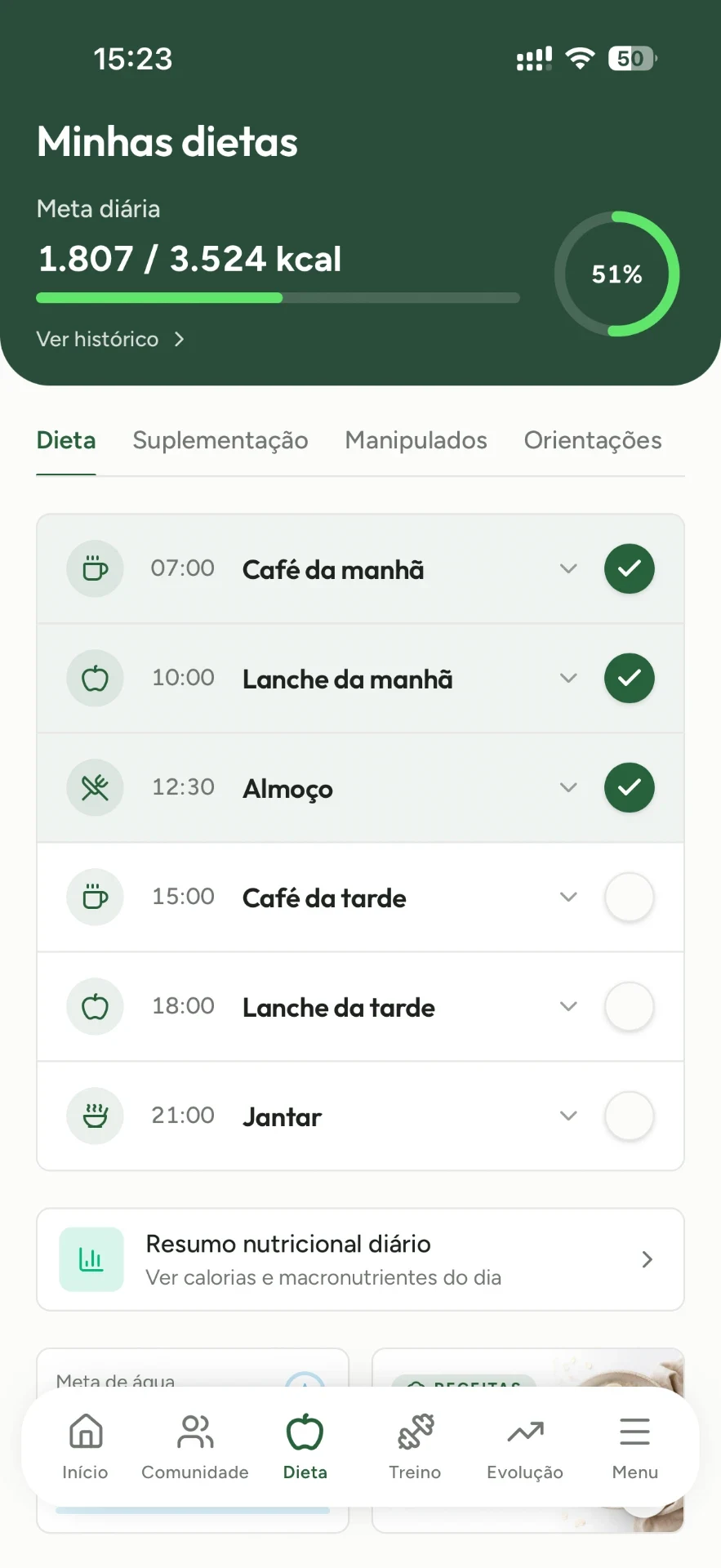 Tela de dieta do aplicativo GAVI